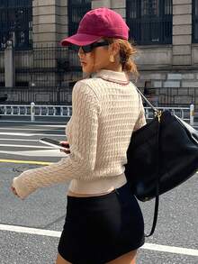 DAZY 女士休闲撞色领毛衣，秋季 - 杏色 - 查看 2