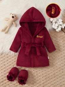 新生儿睡袍和婴儿鞋套装，字母图案设计，面料柔软舒适，适合儿童休闲穿着 - 紅色 - 查看 3