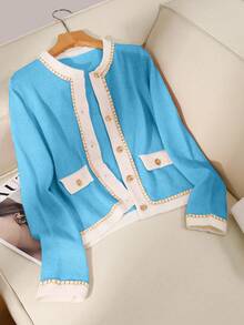 GlowEve 女士优雅柔和撞色针织开衫毛衣外套，秋冬 - 藍色 - 查看 3