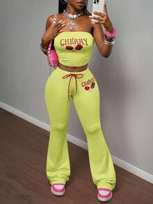 Slaydiva Conjunto de 2 piezas de top tubo sin mangas y pantalones acampanados con estampado de cerezas, de tela elástica de punto en color rosa, estilo retro americano, para fiestas, vacaciones, playa, estilo casual diario, festival de música bohemio, primavera/verano 2025 - Amarillo claro - Ver 5