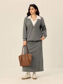 Juhart Bộ đồ 2 món dành cho nữ cỡ lớn, chất liệu dệt kim, kiểu dáng thể thao thường ngày, tay dài, phối màu, gồm áo sweatshirt và chân váy, thích hợp cho mùa thu/đông. - Màu xám đen - Xem 7