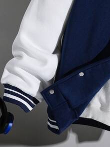 休闲时尚青少年/年轻男士字母印花撞色罗纹夹克，宽松版型，舒适百搭，适合秋季、春季、冬季、日常穿着、通勤、户外、运动、学校、街头服饰、派对、摄影