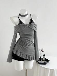 Elamini 1 Áo thun nữ thường ngày phối ren đen xám viền bất đối xứng, thích hợp cho mùa xuân, thu và đông - Nhiều màu - Xem 3