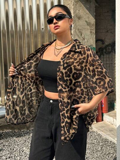 SHEIN EZwear Plus Size Chiffon Leopard Print Short Sleeve Blouse, Spring/Summer