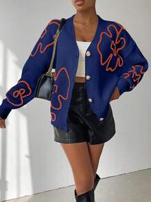 Chiquease Cardigan lejer cu nasturi, model floral, casual, pentru femei, toamnă/iarnă - Verde albastrui - Vizualizare 3