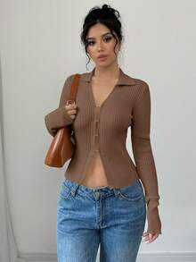 Elenzga Cardigan Kasual Warna Polos dengan Kerah Lipat dan Lengan Mengembang, Pas Badan, Musim Gugur - Khaki - View 5