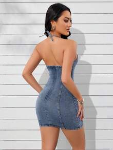 SHEIN ICON 女士夏季迷你牛仔連身裙，修身款式，露背領口設計 - 中等水洗藍 - 查看 2