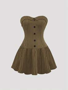 Sweetra 女士休闲条纹无袖迷你连衣裙和长袖西装外套套装，通勤风格，秋季 - 綠色 - 查看 5