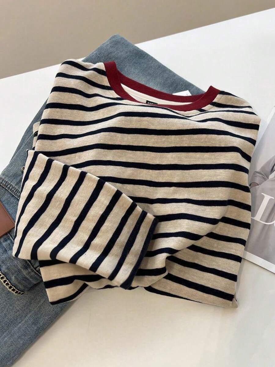 INAWLY 女式休闲条纹圆领长袖上衣，秋季