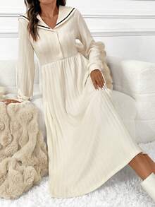 EMERY ROSE Women's Casual Contrast Piping Sailor Collar Lantern Sleeve Waist Cinched Dress, Spring/Autumn - Beige - View 6