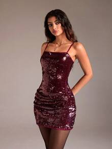 SHEIN Unity 1pc Wine Red Sequin Ruched Bodycon Party Christmas Mini Dress For Women, Suitable For Summer, Autumn & Winter - Burgundy - View 3