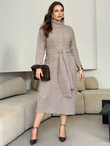 Modelyn Plus Size Women's High Neck Long Sleeve Casual Knit Sweater Dress - Khaki - View 6