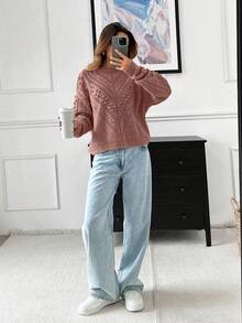 SHEIN Cottnline Women's Asymmetric And Pon Pon Knit Pattern Detailed Sweater - Dusty Pink - View 7