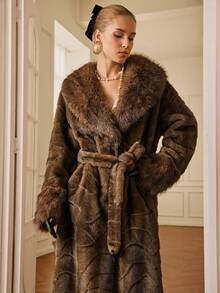 Aveloria Rosie Brown Wavy Textured Elegant Belted Long Fluffy Coat, Fashionable Lapel Slim Fit Overcoat, Autumn/Winter - Brown - View 5