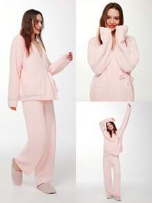 LUVLETTE Christmas & New Years Pajamas Winter Pink Basics Fuzzy Fleece Wrap Top & Pants 2 Piece Set Loungewear Pajama Set Lingerie As Outerwear - Pink - View 3
