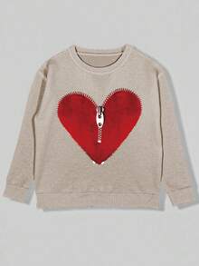 EMERY ROSE 女式心形拉链图案针织毛衣，舒适圆领长袖上衣，适合日常穿着