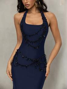 Vowa 优雅手工串珠方领紧身连衣裙，适合宴会、派对、商务活动等场合 - 藏蓝色 - 查看 8