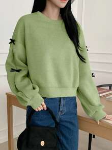 DAZY 撞色蝴蝶结装饰圆领宽松女式运动衫 - 綠色 - 查看 5