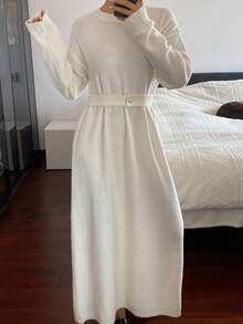 DAZY Women's Elegant Solid Color Round Neck Belted Sweater Dress, Autumn - Beige - View 3