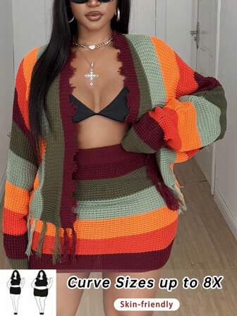 SHEIN CURVE+ Plus Size Women 2 Pieces Sweater Set, Striped Contrast Color Fringe Cardigan & Skirt, Stylish & Chic, Suitable For Dates, Autumn/Winter