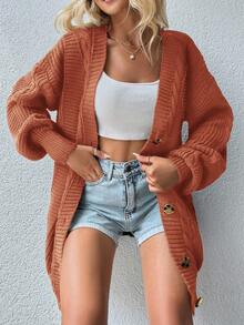 SHEIN Cottnline Women Solid Color Drop Shoulder Long Sleeve Single Button Casual Cardigan, For Autumn/Winter - Burnt Orange - View 4