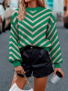 SHEIN LUNE Women's Casual Colorblock Striped Sweater, Autumn/Winter - Green - View 4