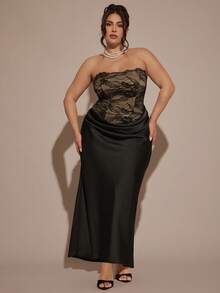 SHEIN BAE Váy ren dài màu đen thanh lịch dành cho nữ cỡ lớn, mùa thu/đông - màu đen - Xem 4