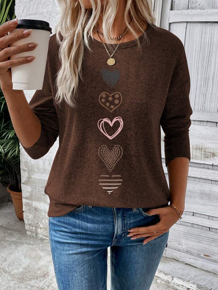 EMERY ROSE Áo thun nữ tay dài cổ tròn trễ vai in hình trái tim, áo thun họa tiết mùa thu cho nữ mùa xuân - xanh quân đội - Xem 1