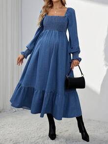 SHEIN 孕妇装 秋季 秋季 冬季 万圣节 圣诞节 新年 感恩节 通勤 度假 Y2k 可爱生日装 机场装 派对 方领插肩袖荷叶边下摆时尚牛仔连衣裙 别致女式长袖牛仔孕妇装，搭配方领褶皱紧身胸衣和荷叶边装饰 - 藍色 - 查看 5