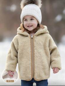 SHEIN 2025秋冬新款法式优雅学院风白色长袖抓绒连帽外套，适合外出上学等各种场合 - 米色 - 查看 2