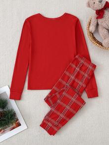 Mädchen Bär Buchstaben Muster rotes Langarm-Top kombiniert mit roter klassischer Karomuster Hose, passender Pyjama-Set