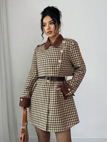 Elenzga 女士优雅奢华礼服，适合万圣节、圣诞节、沙特国庆节、新年派对、毕业典礼、婚礼，粗花呢拼色斗篷风衣配腰带，常规长度修身大衣，棕色和卡其色，带口袋 - 棕色 - 查看 3