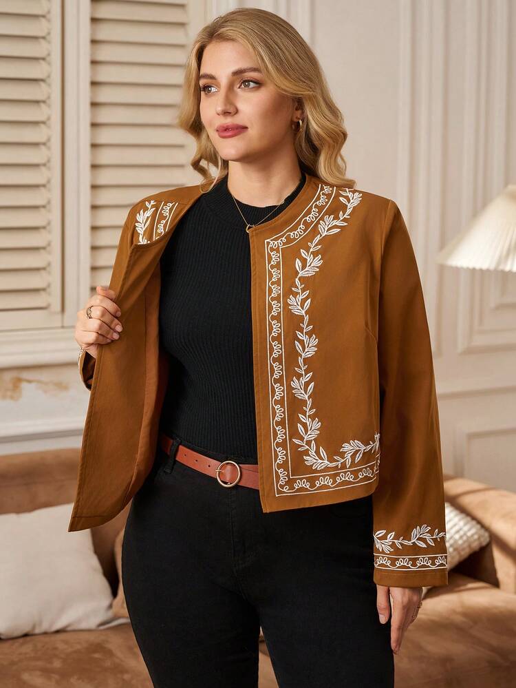 Plus Size Embroidered Round Neck Casual Versatile Long Sleeve Jacket, Brown Jacket, Autumn/Winter,2025 New