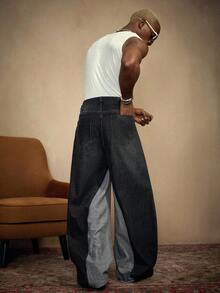 PAVTROS Quần Jeans Ống Rộng Rộng Họa Tiết Chắp Vá Thời Trang Đường Phố Cho Nam, Quần Jeans Baggy Họa Tiết, Dành Cho Giáng Sinh - màu đen - Xem 7