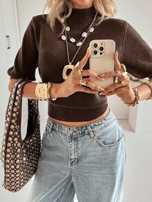 Siren Gaze 女式纯色简约休闲高领短袖毛衣 - 棕色 - 查看 3