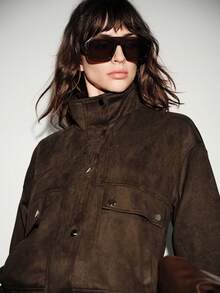 Lumivelle Autumn New Women's Retro Loose Version Stand Collar Long Sleeve Faux Suede Short Jacket, 25 Early Autumn European And American Fashion Casual Stand Collar Long Sleeve Jacket, Vintage Workwear Jacket