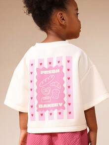 SUMWON 女童超大白色T恤和粉色阔腿裤套装，清新烘焙印花休闲度假装 - 粉色 - 查看 7