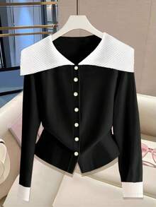 Franclia Kaos Wanita Lengan Panjang Kancing Tunggal dengan Kerah Warna Kontras - Hitam dan Putih - View 3
