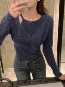 DAZY 女式露肩圆领长袖纯色T恤，韩版 - 藍色 - 查看 3