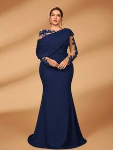 Serin Đầm dáng đuôi cá ôm sát, thanh lịch, lãng mạn, sang trọng, chất liệu vải dệt kim co giãn, phối lưới tương phản, vai bèo nhún bất đối xứng, thích hợp cho tiệc tối, hẹn hò, dạ hội, kỳ nghỉ, đám cưới, váy cho mẹ cô dâu, ngày Valentine. - Màu xanh hải quân - Xem 7