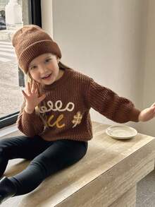 SHEIN Sweater Anak Perempuan dengan Bordir Bunga Buatan Tangan yang Lucu, Lembut, Hangat, Kasual, dan Serbaguna, Cocok untuk Pemakaian Sehari-hari - Coklat - View 2