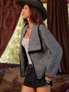 Easelle Women's Gray Casual Dropped Shoulder Floral Trim Jacket, Autumn And Winter Overcoat Gray Contrast Edge Autumn And Winter Retro - Grey - View 10