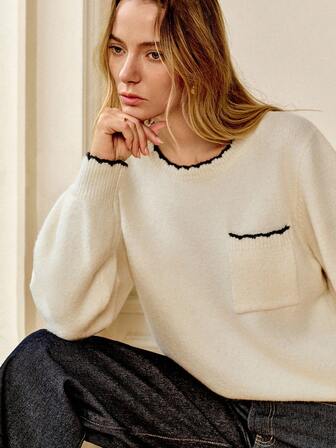 Écloséra Fransk retrostil, enkel, elegant, mångsidig, modern, chic, höst och vinter, vit tröja, thanksgiving, jul, nyår svart kant rund hals långärmad ficklappad lös passform damtröja