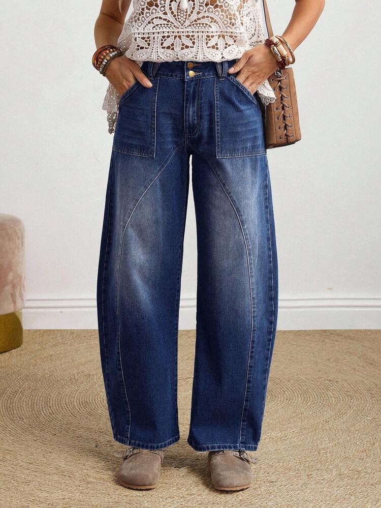 EMERY ROSE Plus Size Casual Everyday Washed Slant Pocket Loose Fit Jeans - Dark Wash - View 2