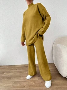 RueChic 2pcs Solid Color Turtleneck Sweater Set - Beige - View 5