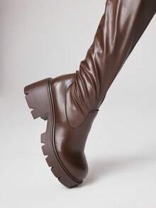 ROMWE 女式厚底粗跟时尚百搭过膝长靴 - 棕色 - 查看 3