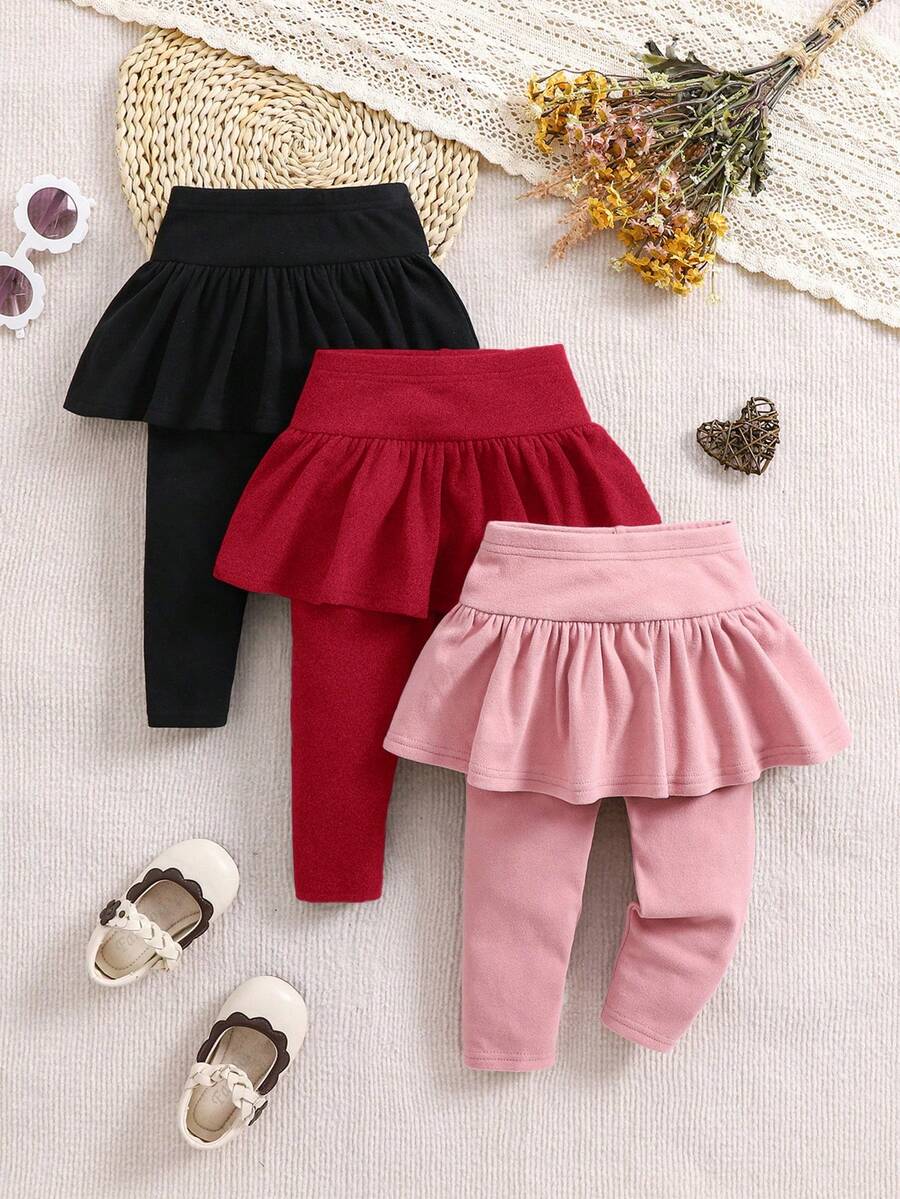 3pcs/Set Babygirl Cute Versatile Knitted Elastic Solid Color Ruffle Waist Pants, Autumn/Winter - Multicolor - View 1