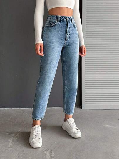 EURMUSE 100%Cotton Solid Color Slim Fit Jeans With Slanted Pockets Petite Jeans High Waist Barrel Jeans Mom Jeans Loose Jeans