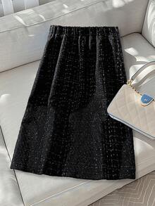 GlowEve CURVE 大码女式优雅粗花呢斜襟金属纽扣缀饰半身裙，秋冬 - 黑色 - 查看 2
