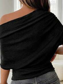 Aloruh 女装秋冬新款黑色垂坠肩斜肩宽松圆领短袖针织T恤毛衣 - 黑色 - 查看 7